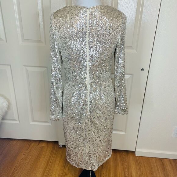 Calvin Klein Long Sleeve Faux Wrap Sequin Knee Length Dress Champagne Beige Gold - Picture 4 of 13